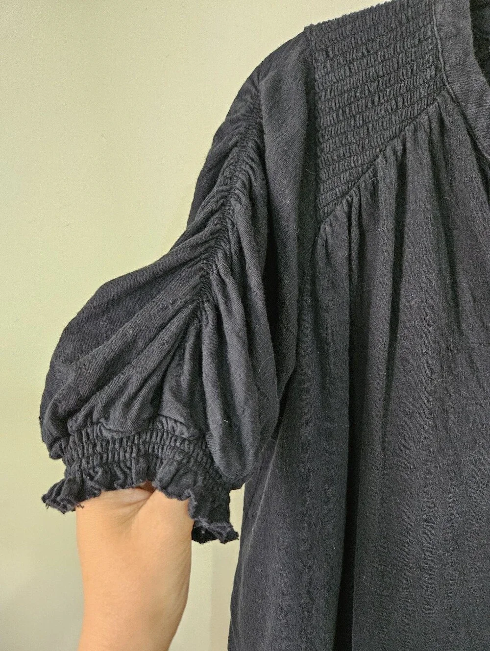 Free People Fever Dream Tee in Black V-Neck with Short, Ruched, Sleeves, Boho XS